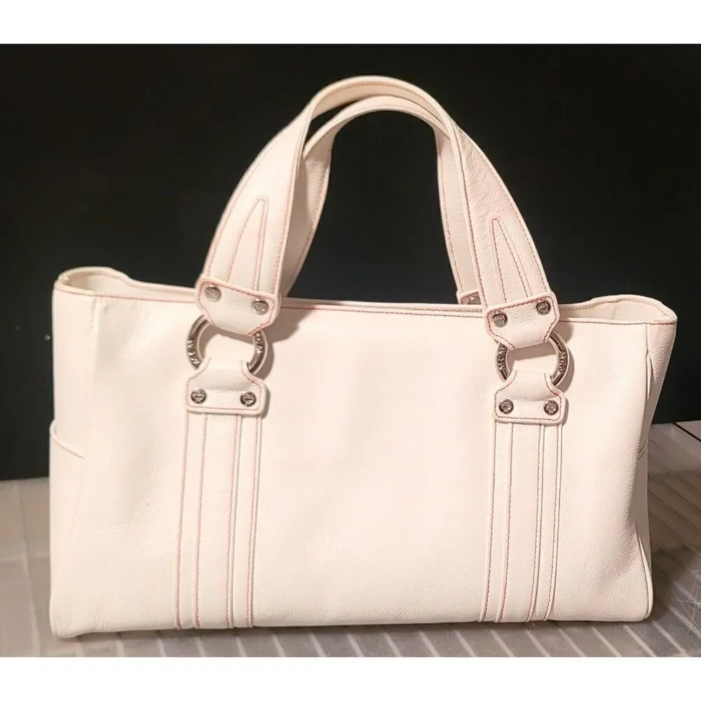 MCM White Leather Shoulder Bag with Red Stitching